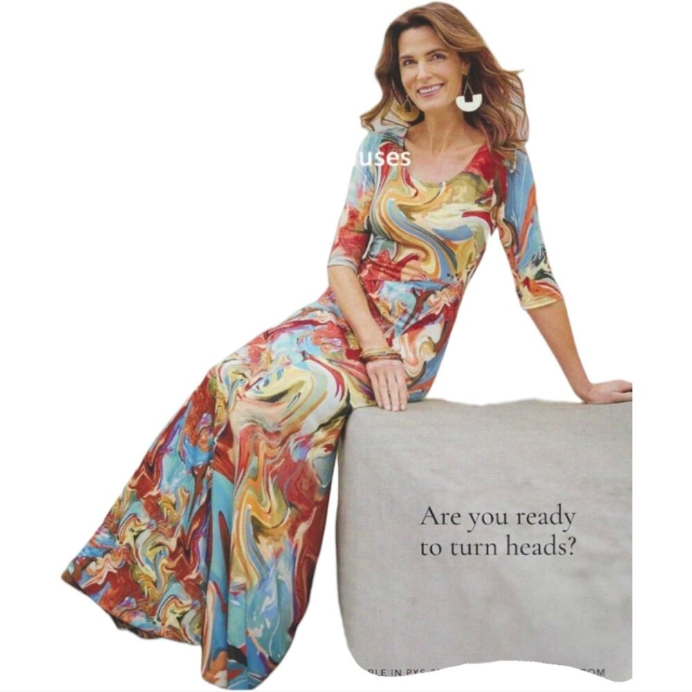 Soft Surroundings Maxi Dress Art Stretch Jersey 3/4 Sleeve BOHO Pullover Medium
